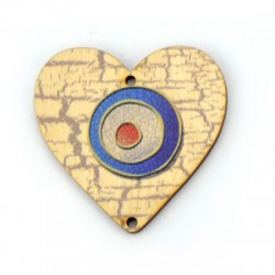 Wooden Pendant Heart w/ Evil Eye 2 Holes 50mm