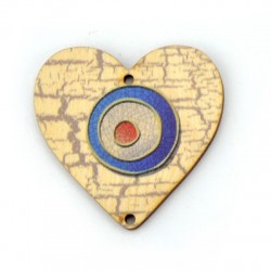 Wooden Pendant Heart w/ Evil Eye 2 Holes 50mm