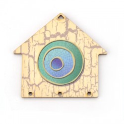 Wooden Lucky Pendant House w/ Evil Eye 4 Holes 70x65mm