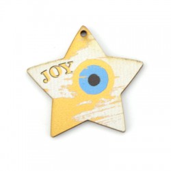 Wooden Lucky Pendant Star "JOY" w/ Evil Eye 52x50mm
