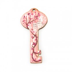 Wooden Lucky Pendant Key w/ Flowers & House 30x60mm