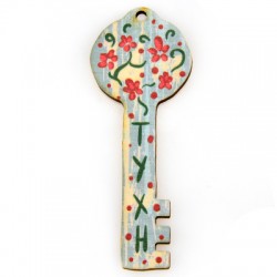 Wooden Lucky Pendant Key "ΤΥΧΗ" w/ Flowers 30x8mm