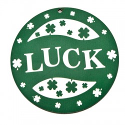 Wooden Lucky Pendant Round "LUCK" w/ Four Leaf Clovers 85mm