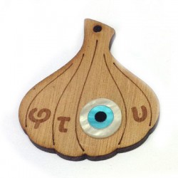 Wooden &Plexi Acrylic Lucky Pendant Garlic w/Evil Eye60x50mm