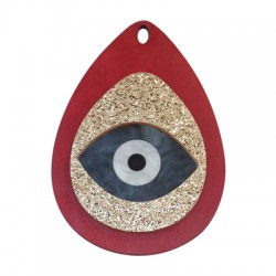 Wooden & Plexi Acrylic Lucky Pendant Drop w/Evil Eye 52x75mm