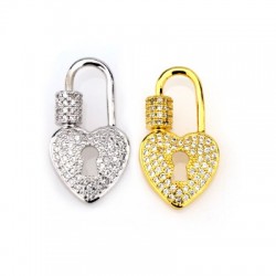 Brass Clasp Lock-Locket Heart w/ Zircon 14x24mm