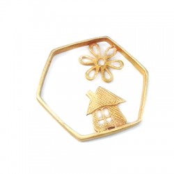 Brass Cast Pendant Hexagon with Flower and Home 37x33mm