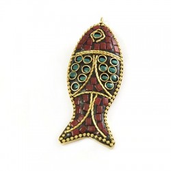 Pendentif poisson avec motifs  en Métal/Laiton 25x60mm