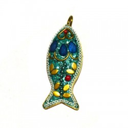 Pendant Fish w/ Semiprecious Stones & Metal Setting 18x42mm