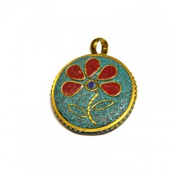 Ciondolo in Ottone Rorotndo con Fiore Decorato con pietre Semipreciose 30mm