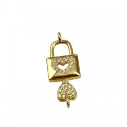 Charm in Ottone Lucchetto e Chiave Cuore con Zirconi 24x9mm