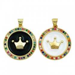 Brass Charm Round Crown w/ Enamel & Zircon 23mm