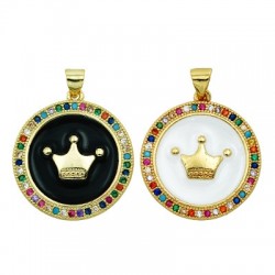 Charm rond en Laiton Émaillé Couronne et Zircon 23 mm