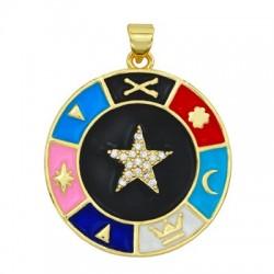 Enameled Brass Charm Round Symbols & Zircon 26mm
