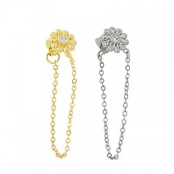 Brass Earring Chain w/ Zircon Flower & Back Safety 10mm