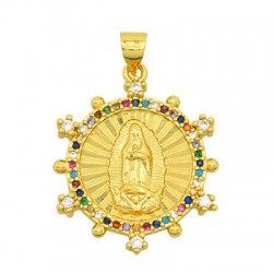 Colgante de Metal Latón Redondo Virgen con Circonitas 22mm