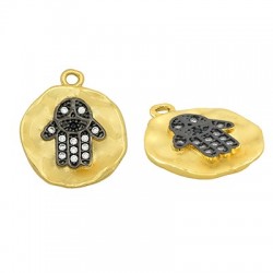 Breloque Ronde en Laiton et Zircon main de Fatima 15 mm