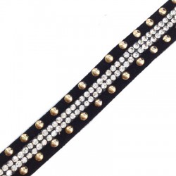 Synthetic Suede Ribbon 12mm with Crystal Stones 2mm and Studs (~1mtr/pack)