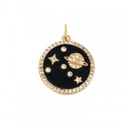 Enameled Brass Charm Round Planets & Zircon 18mm