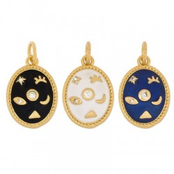 Enameled Brass Charm Oval Symbols & Zircon 11x14mm