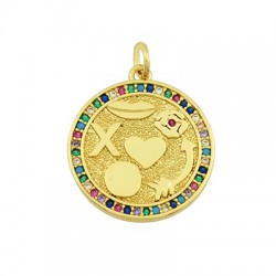 Breloque Ronde en Laiton et Zircon avec Symboles 19 mm