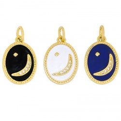 Breloque Ovale en Laiton Émaillé avec lune et Zircon 11 x 14 mm