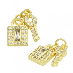 Pendentif cadenas/clé en Métal/Laiton et Zircons 9x12mm et 14x5mm