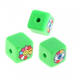 Acrylic Bead Cube w/ Evil Eye & Flower 15.5mm (Ø3mm)