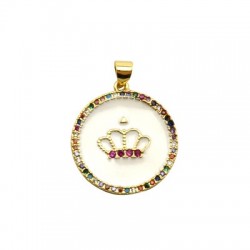 Brass Charm Round w/ Crown Zircon & Enamel 23mm