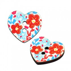 Wooden Button Heart w/ Flowers 16mm