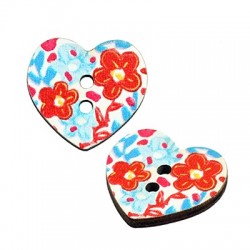 Wooden Button Heart w/ Flowers 16mm