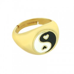 Brass Ring Round Yin Yang w/ Heart & Enamel 23x16mm