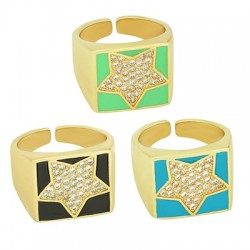 Brass Ring Square Star w/ Zircon & Enamel 21x16mm