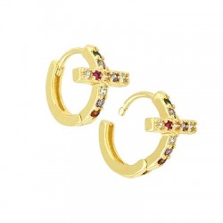 Brass Earring Hoop Cross w/ Zircon 14mm