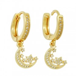 Brass Earring Hoop Star Moon w/ Zircon 15mm/11x12mm