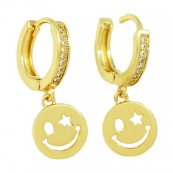 Brass Earring Hoop Smile Happy Face w/ Zircon 16mm/11mm