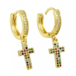 Brass Earring Hoop Cross w/ Zircon 15mm/15x8mm