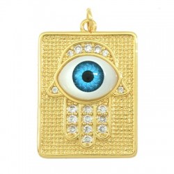 Brass Pendant Tag Hamsa Hand w/ Evil Eye & Zircon 22x31mm