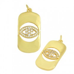 Zircon Brass Pendant Oval Tag with Evil Eye 28x14mm
