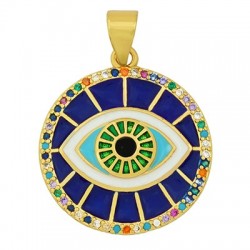 Brass Charm Round Evil Eye w/ Zircon & Enamel 20mm