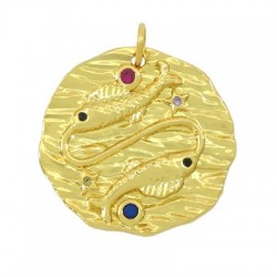 Charm rond en Laiton et Zircon. Signe Astrologique Poissons. 21 mm