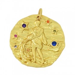 Charm rond en Laiton et Zircon Signe Astrologique Verseau 21 mm