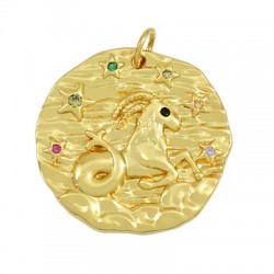 Zircon Brass Charm Round Star Sign Capricorn 21mm