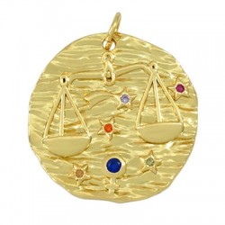 Charm rond en Laiton et Zircon Signe Astrologique Balance 21 mm