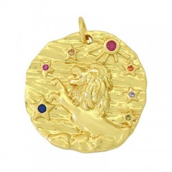 Breloque Ronde en Laiton et Zircon. Signe du Lion. 21 mm