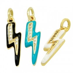 Enameled Brass Charm Lightning with Zircon 5x20mm