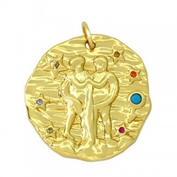 Breloque Ronde en Laiton et Zircon. Signe Astrologique Gémeaux. 21 mm