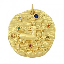 Zircon Brass Charm Round Star Sign Sagittarius 21mm