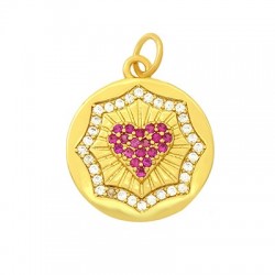 Brass Charm Round Heart w/ Zircon 16mm