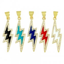 Enameled Brass Pendant Thunder Lightning with Zircon 9x30mm